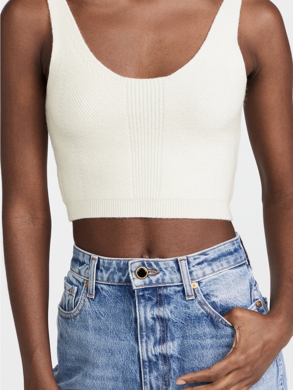 Women's Cream Ribbed cashmere Crop Tank Top